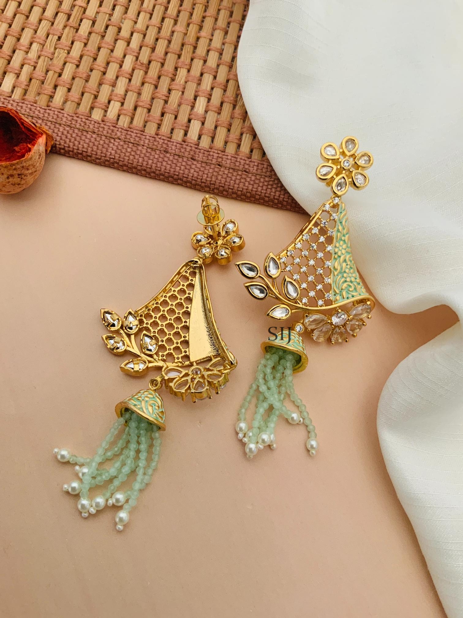 Artificial Flower AD Stones Kundan Earrings With Beaded Layered Hanging