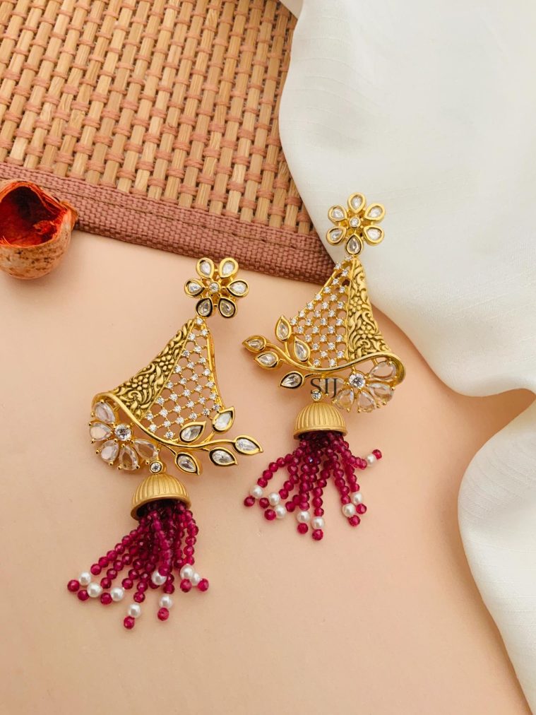 Flower Designer AD Stones Kundan Earrings With Beaded Layered Hanging