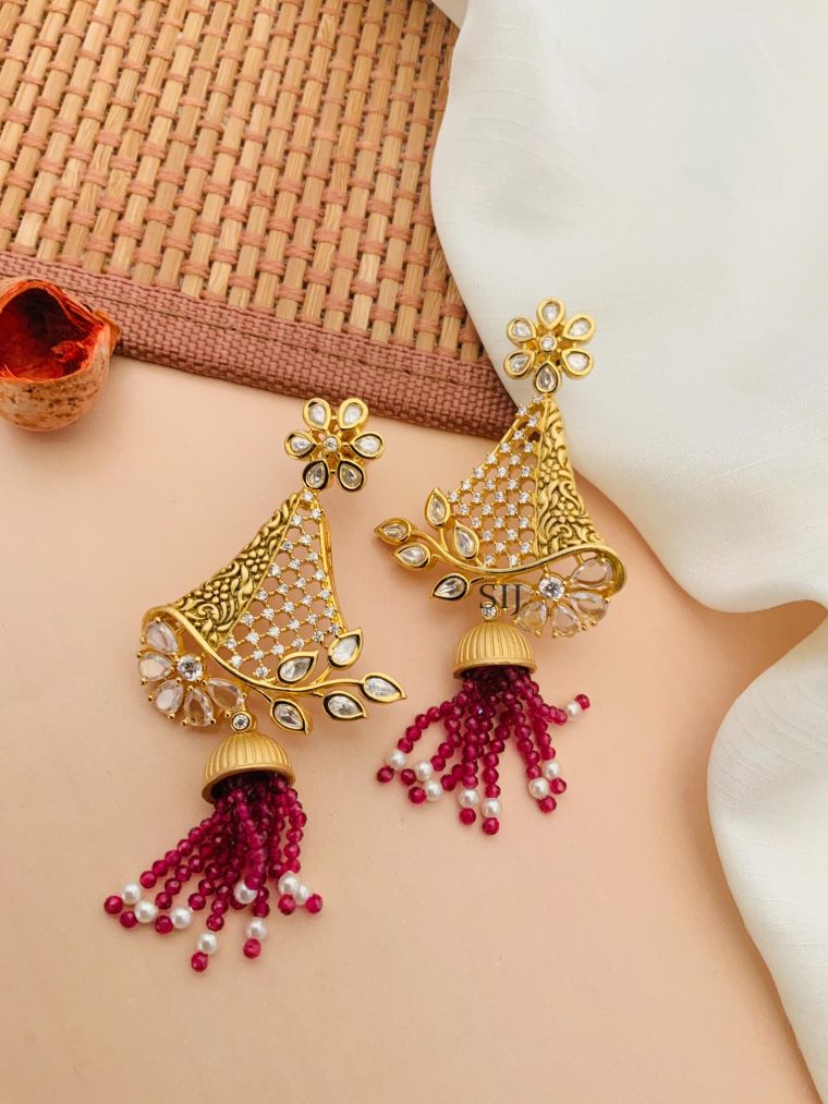 Flower Designer AD Stones Kundan Earrings With Beaded Layered Hanging