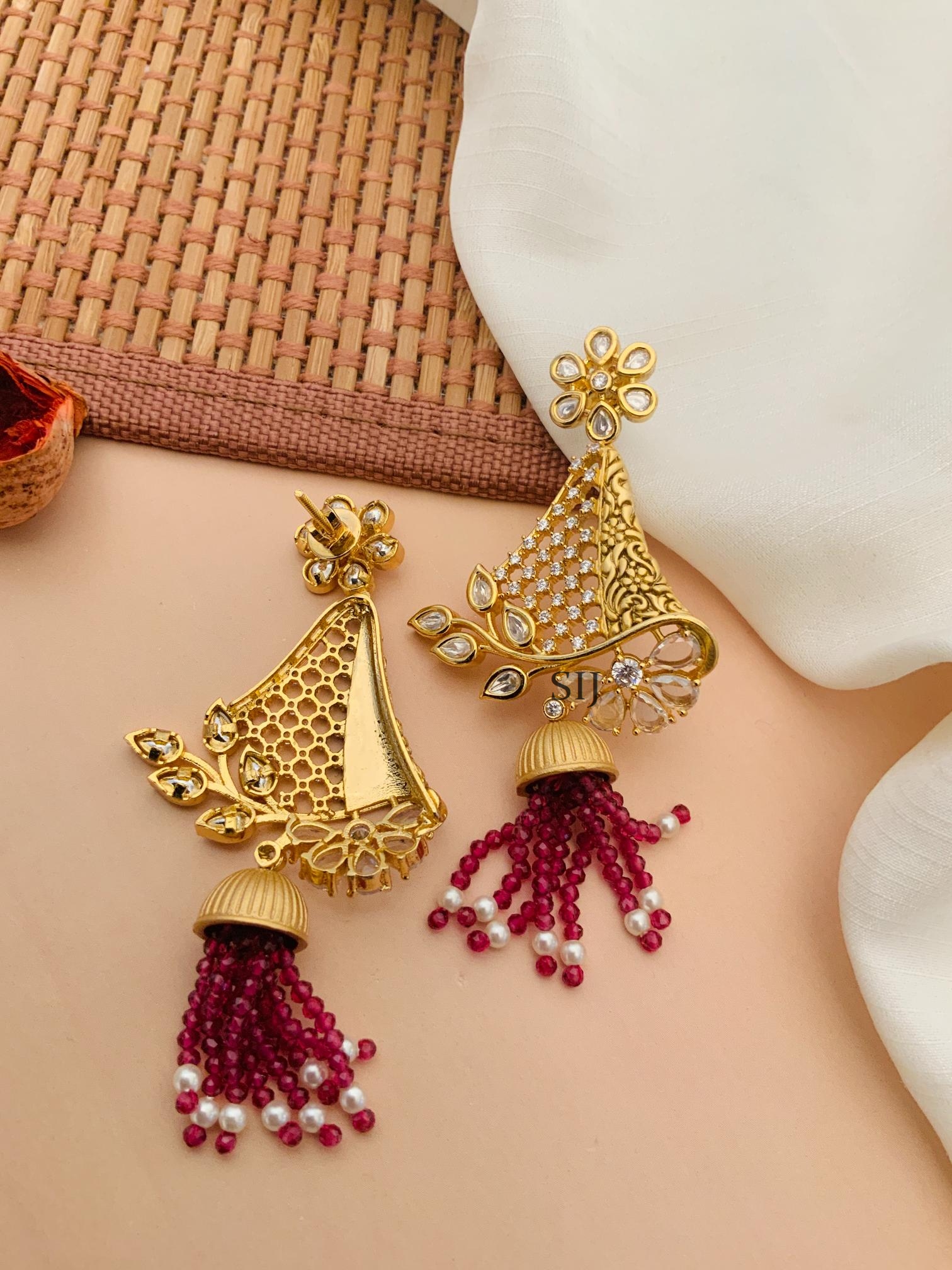 Flower Designer AD Stones Kundan Earrings With Beaded Layered Hanging