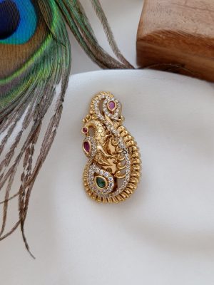 Ruby And Green Peacock AD Saree Pin