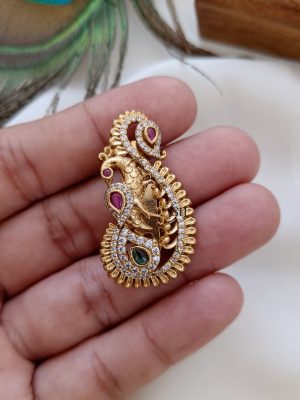 Ruby And Green Peacock AD Saree Pin