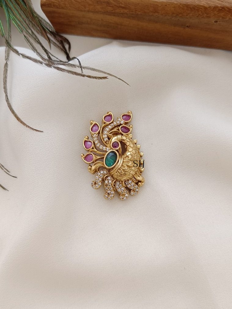 Traditional Kemp Peacock AD Stones Saree Pin