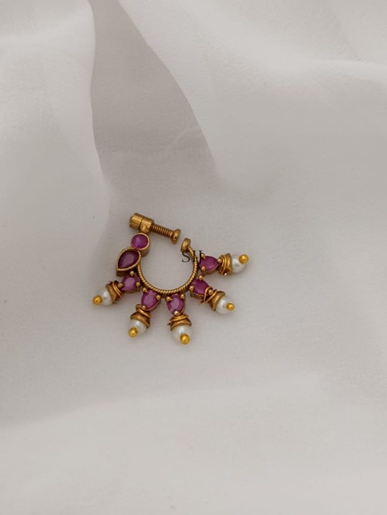 Pearl And Red Stones Screw Type Nose Pin