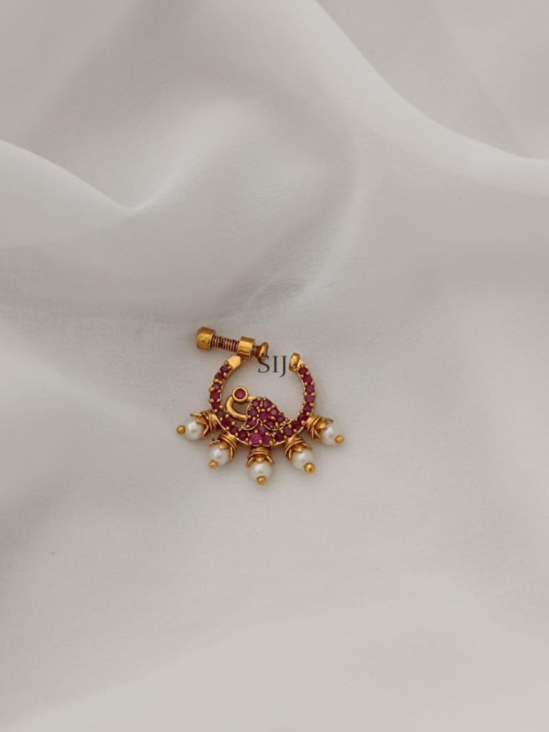 Ring Type Screw Type Nose Pin With Red Stones