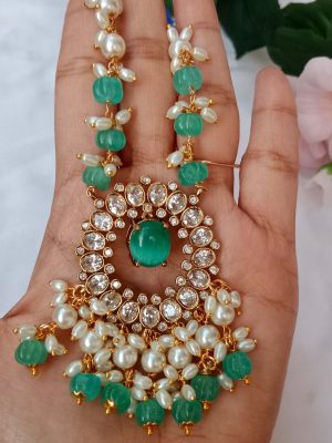 Green Beads and Pearl Guttapusalu Chain with Victorian Pendant