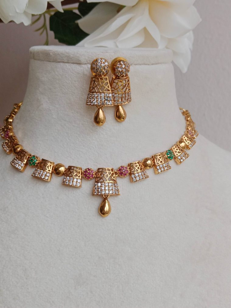 Gold Finish Multi Stones Cylinder Design Necklace