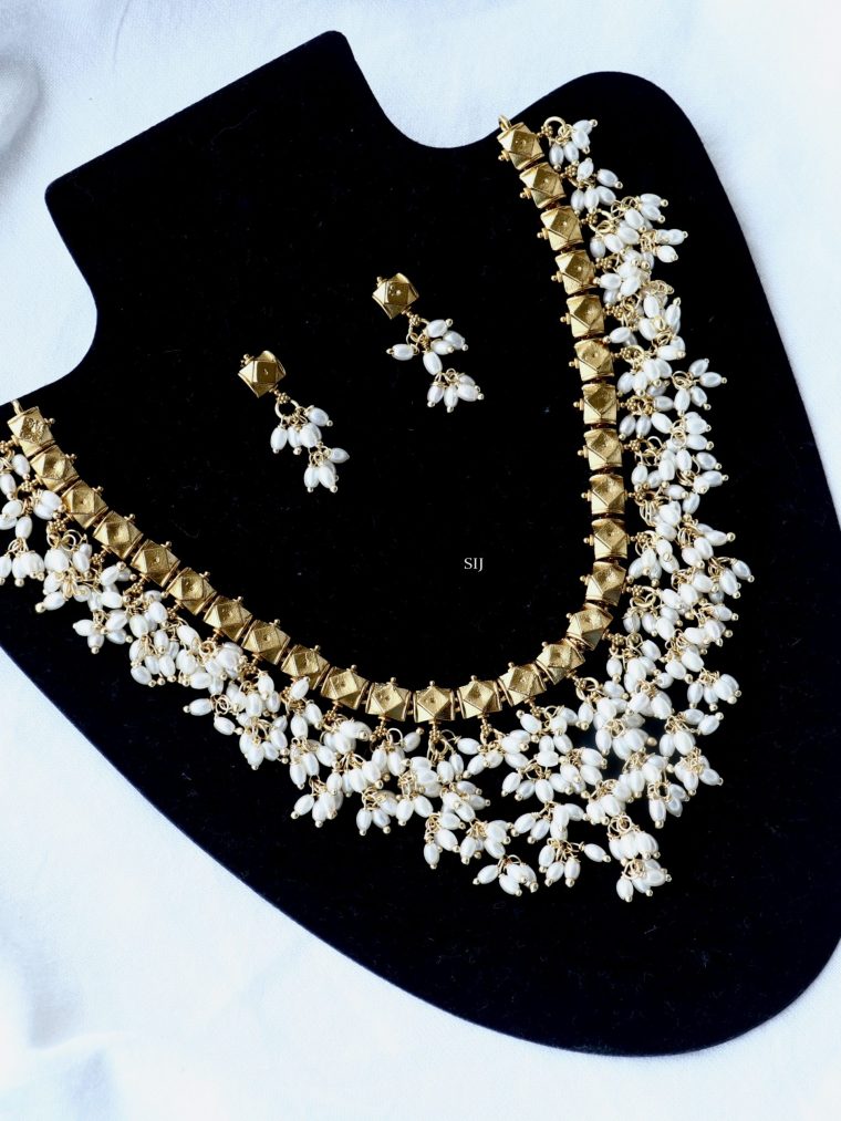 Gold Finish Rice Pearl Cluster Necklace