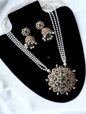 Three Layers Peals Long Haram with Mandala Pendant