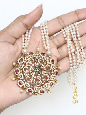 Three Layers Peals Long Haram with Mandala Pendant