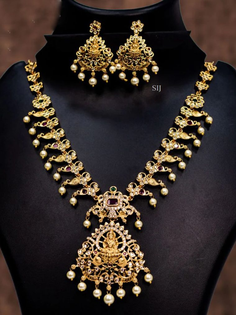 Traditional Peacock and Lakshmi Pendant AD Stones Necklace