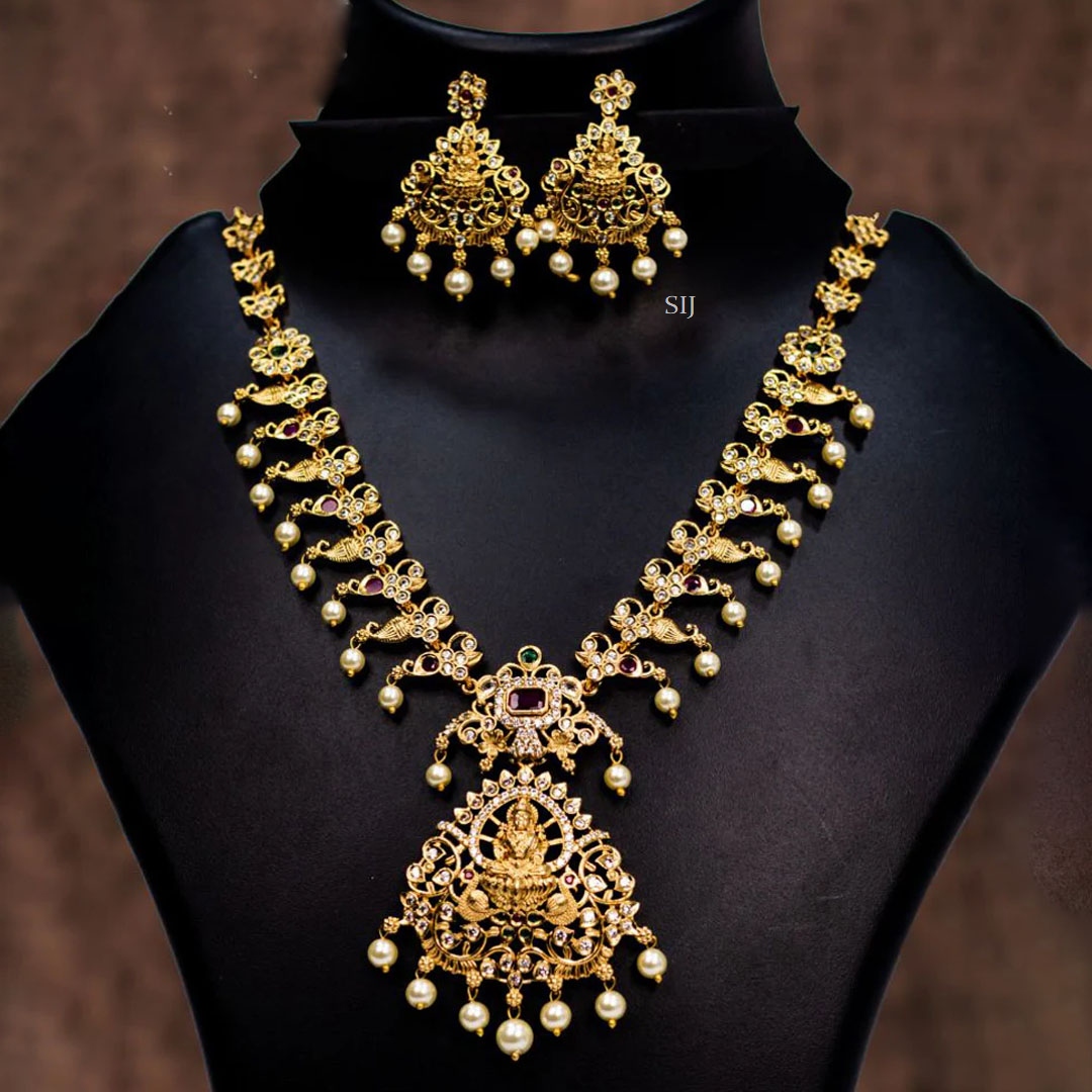 Traditional Peacock and Lakshmi Pendant AD Stones Necklace