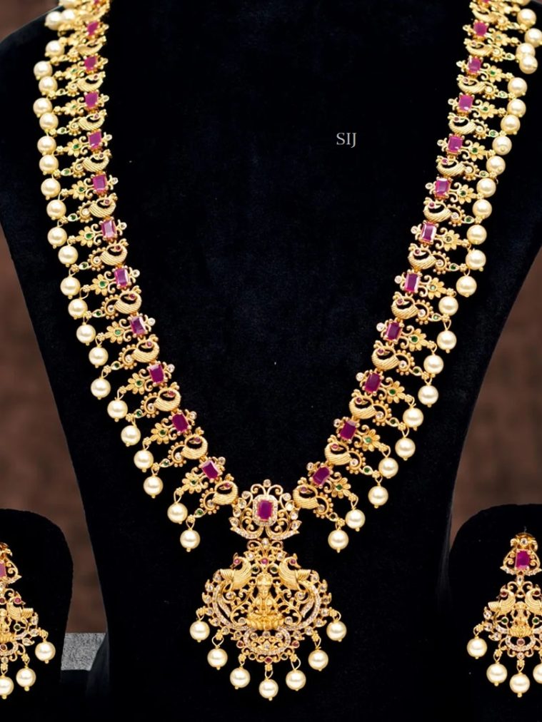 Gold Plated Red Stone Lakshmi Haram with Pearls