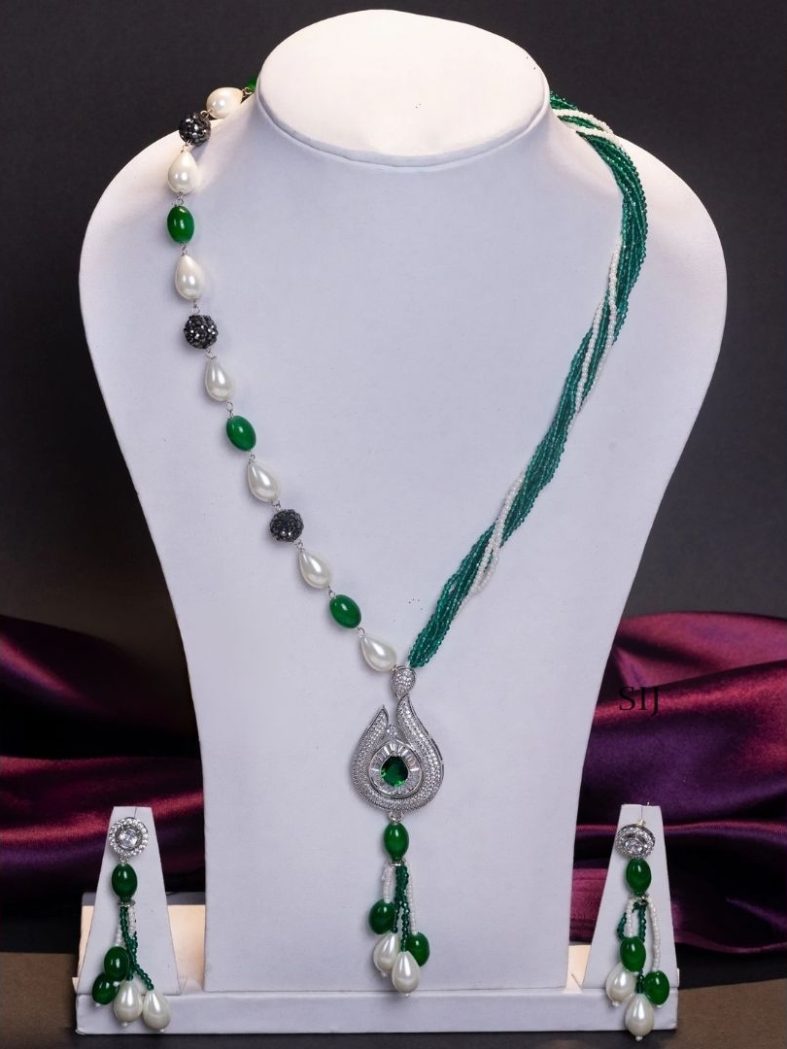 Green and White Beads American Diamond Haram