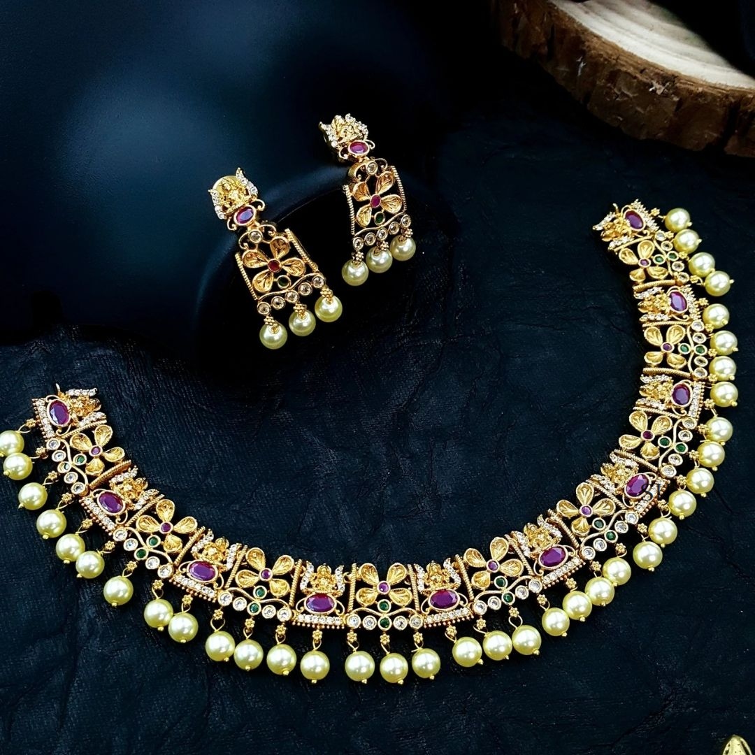 Traditional Lakshmi with Flowers Gold Necklace
