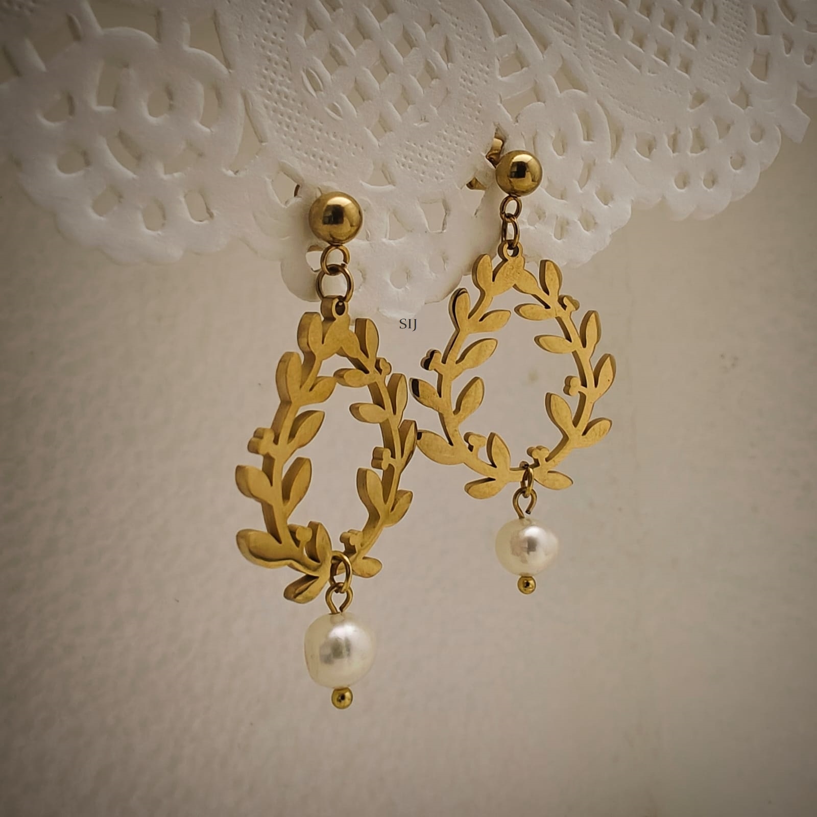 One Gram Gold Leaf Dangler Pearl Drop Earrings