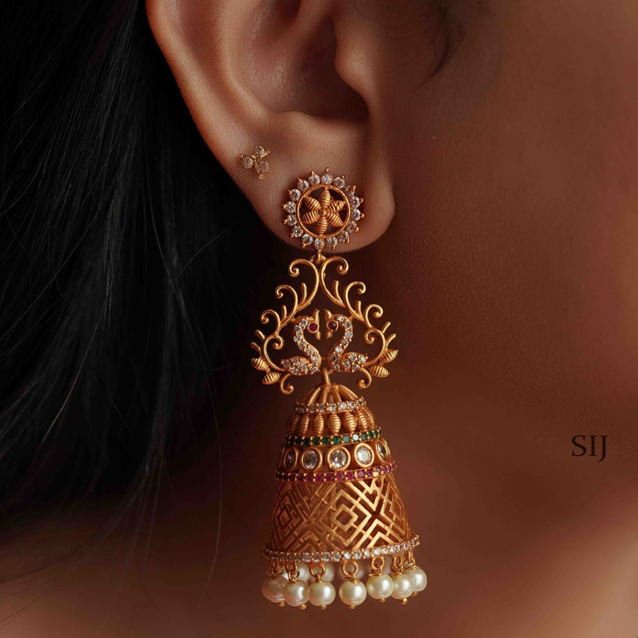 Imitation Dual Peacock Jhumkas With White Stones And Pearl Hanging