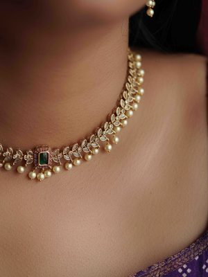 Gold Finish Emerald Middle Stone Pearl Drop Necklace