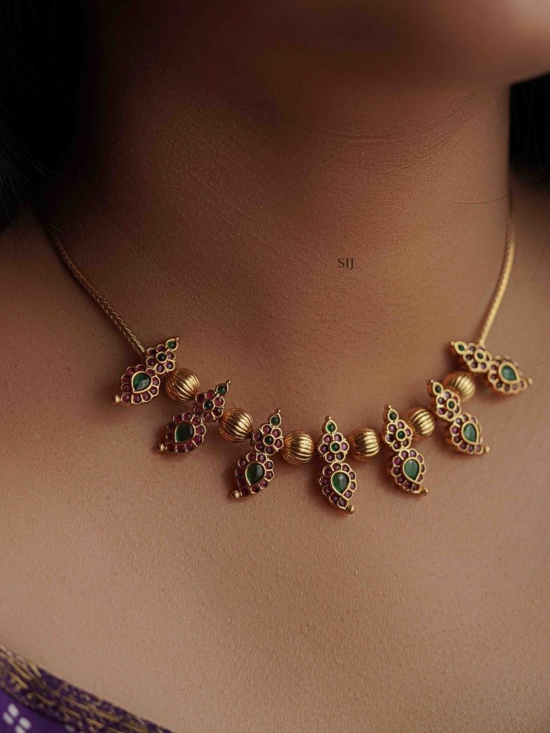 Gold Balls and Multi Color Stones Flower Design Necklace