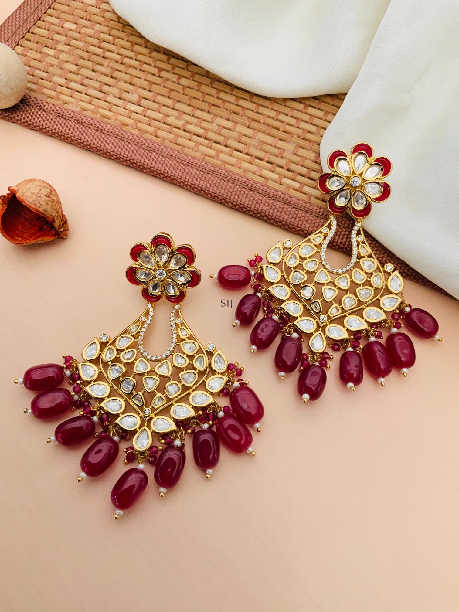 Artificial Flower Design Maroon Beaded Earrings