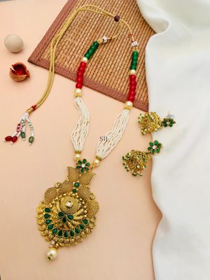 Artificial Pearl And Green Kundan Necklace With Jhumkas