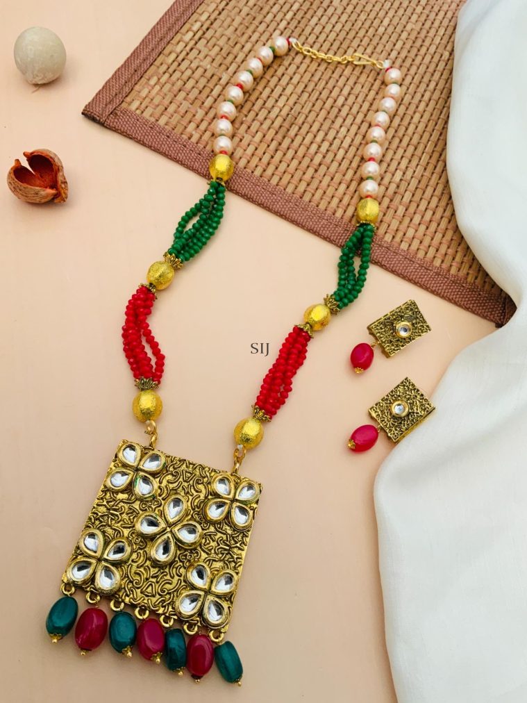 Artificial Red &Green Beaded Drop Kundan Necklace With Earrings