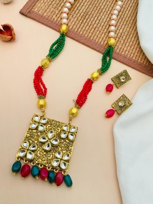 Artificial Red &Green Beaded Drop Kundan Necklace With Earrings