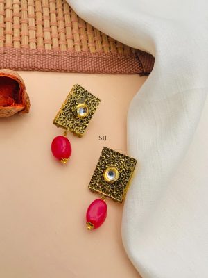 Artificial Red &Green Beaded Drop Kundan Necklace With Earrings