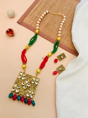 Artificial Red &Green Beaded Drop Kundan Necklace With Earrings