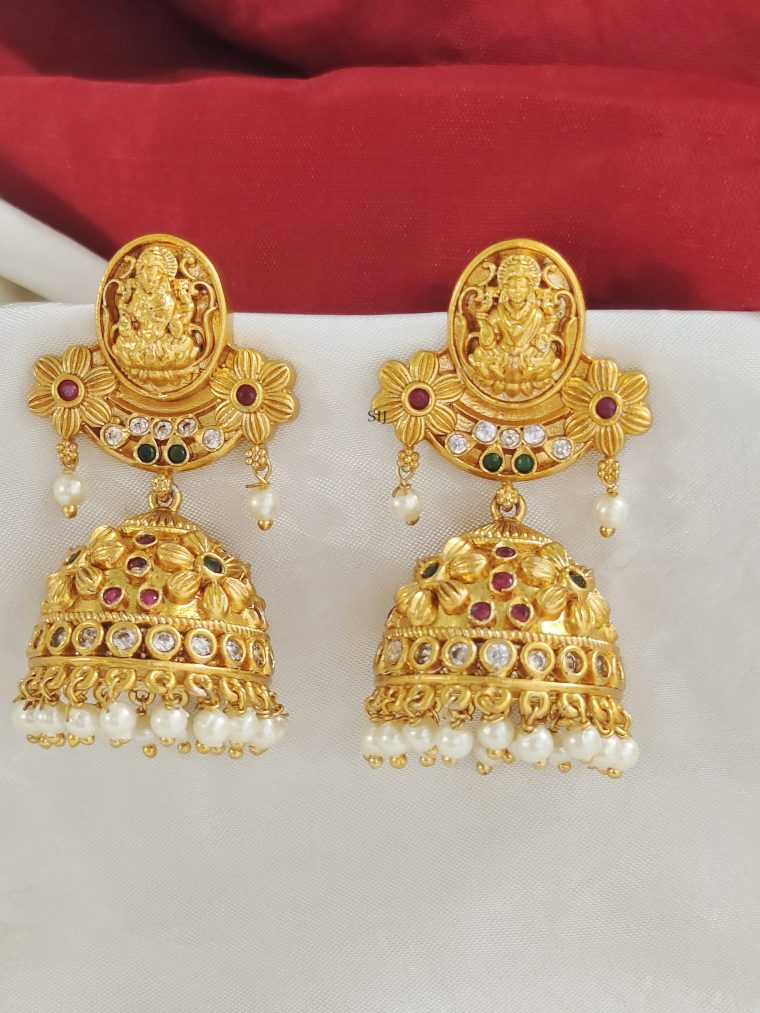 Matte Finish Lakshmi Earrings with Multi Stones Jhumkas