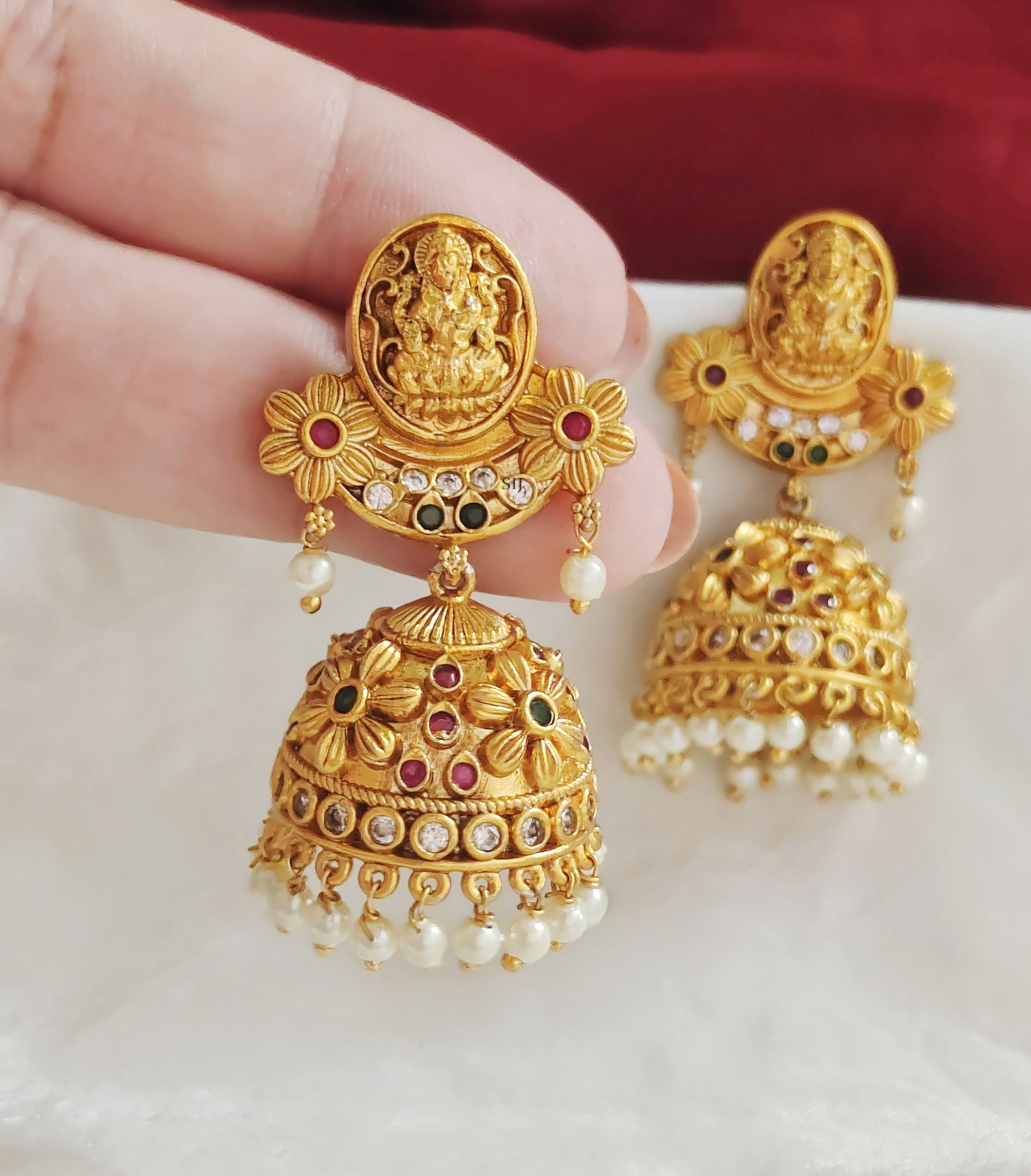 Matte Finish Lakshmi Earrings with Multi Stones Jhumkas