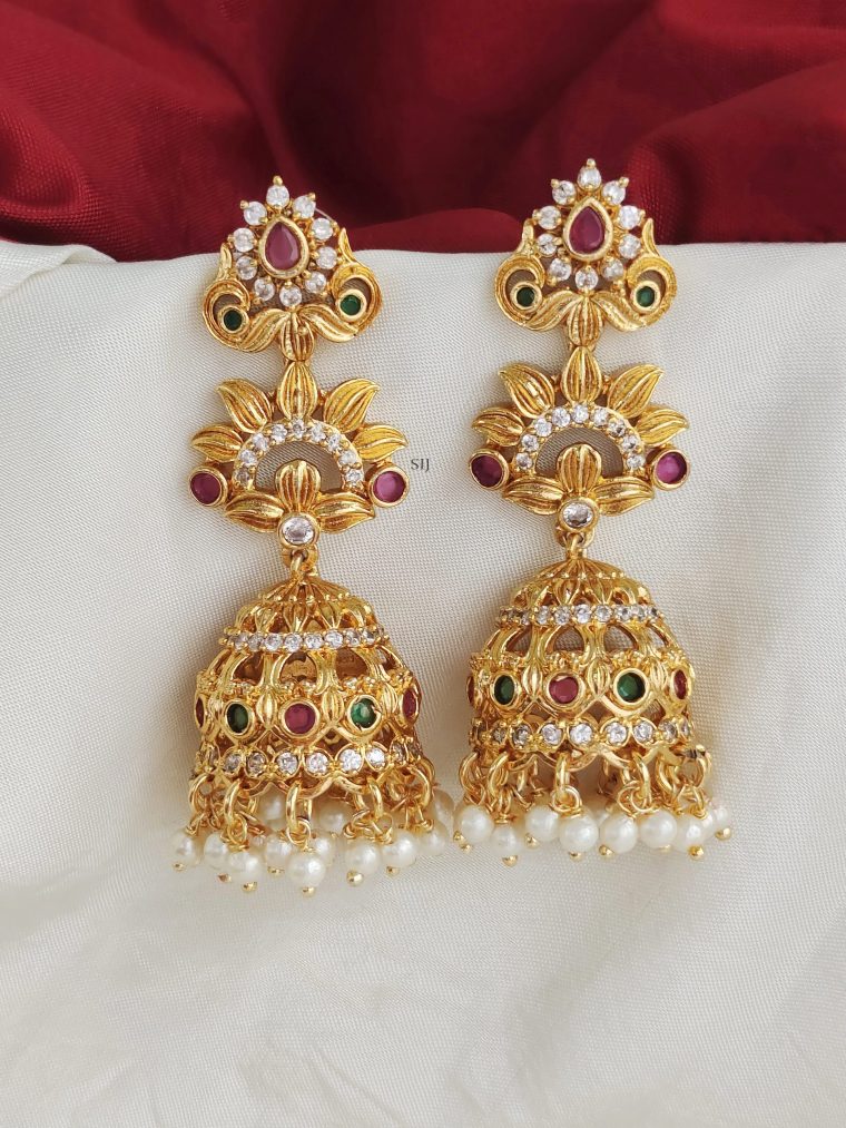 Gold Finish Multi Stones Long Jhumkas with Pearls