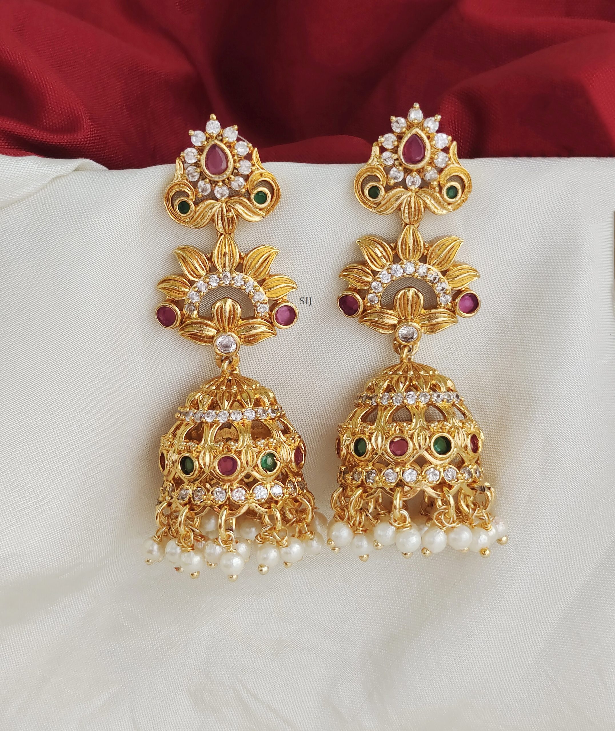 Gold Finish Multi Stones Long Jhumkas with Pearls