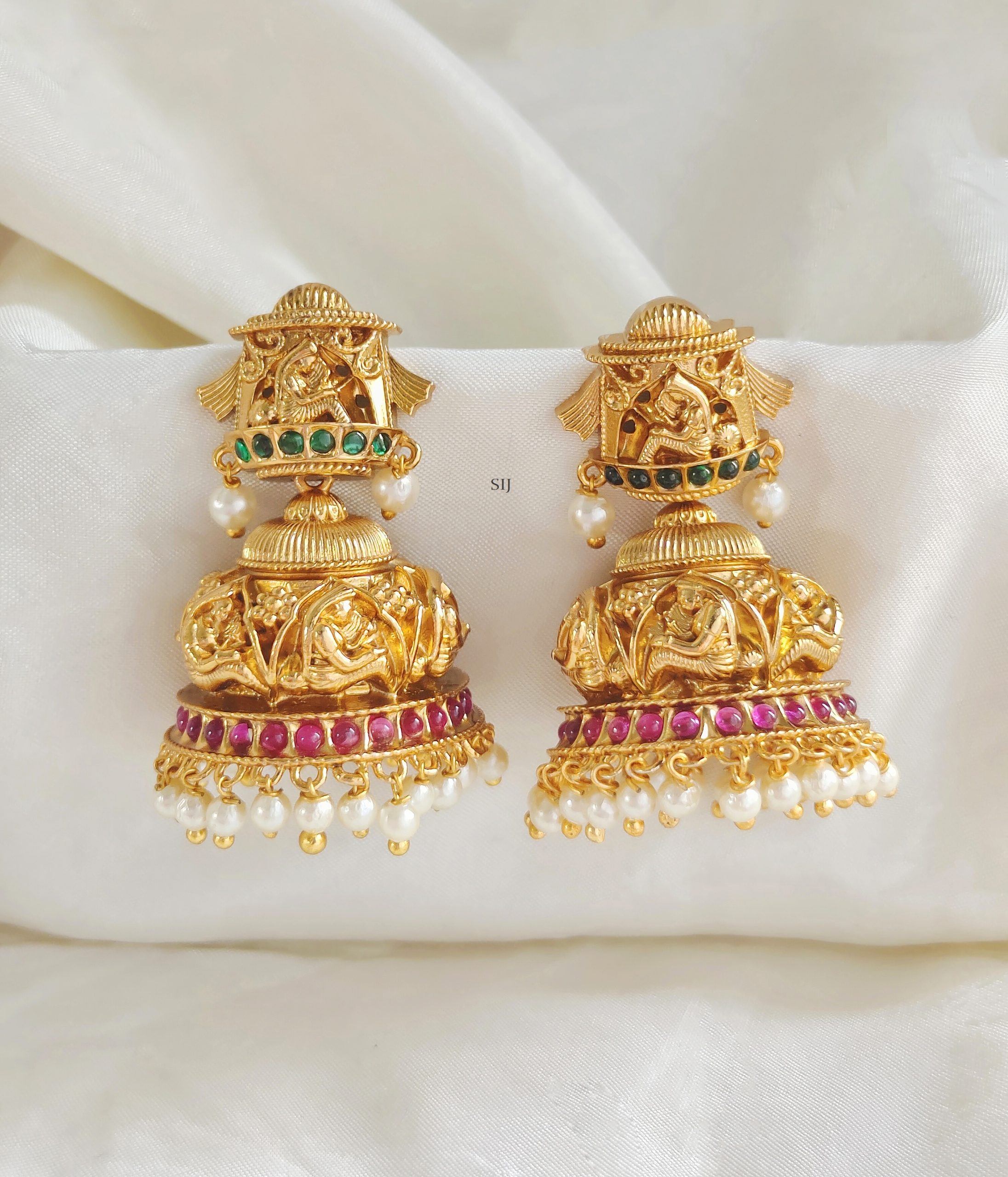 Gold Plated Nakshi Bridal Design Jhumkas with Pearls