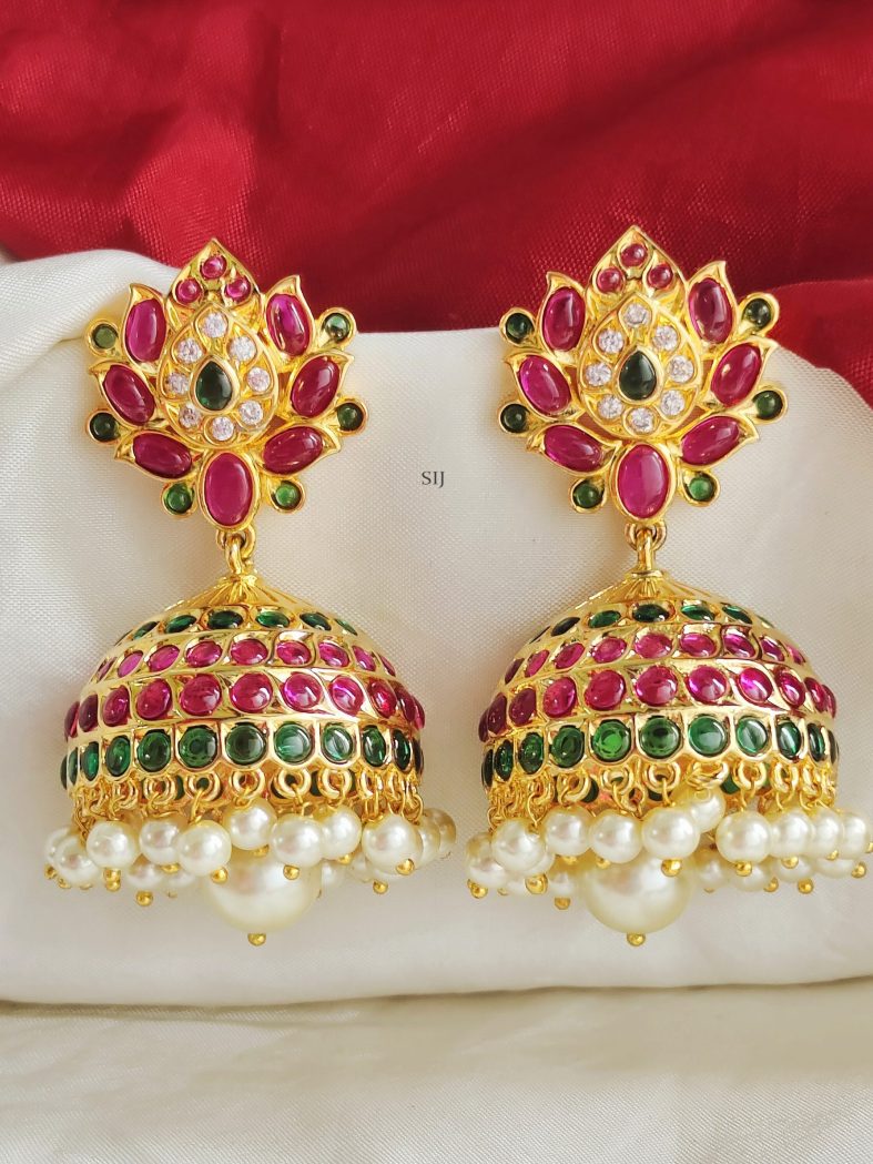 Matte Finish Ruby and Kemp Jhumkas with Pearls