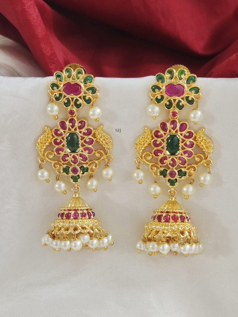 One Gram Gold Multi Color Kemp Stones Jhumkas with Pearls