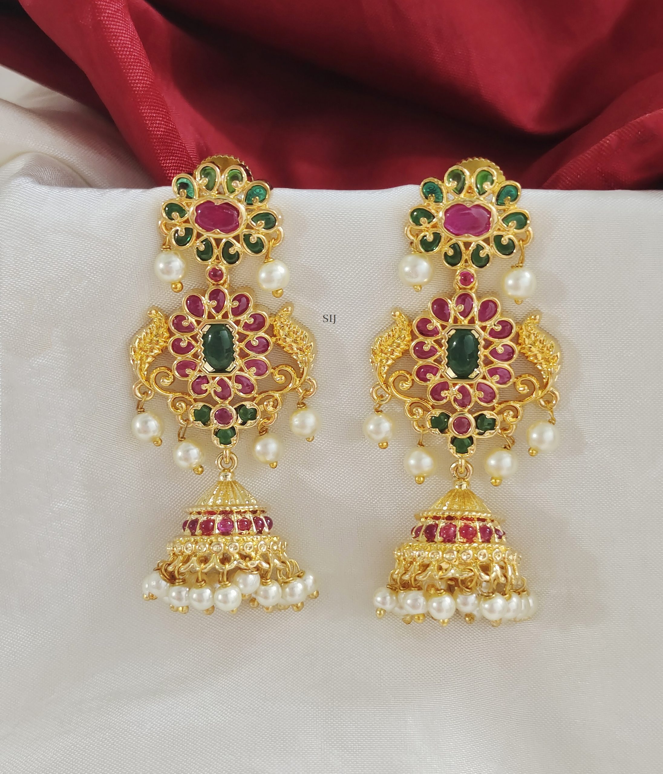 One Gram Gold Multi Color Kemp Stones Jhumkas with Pearls