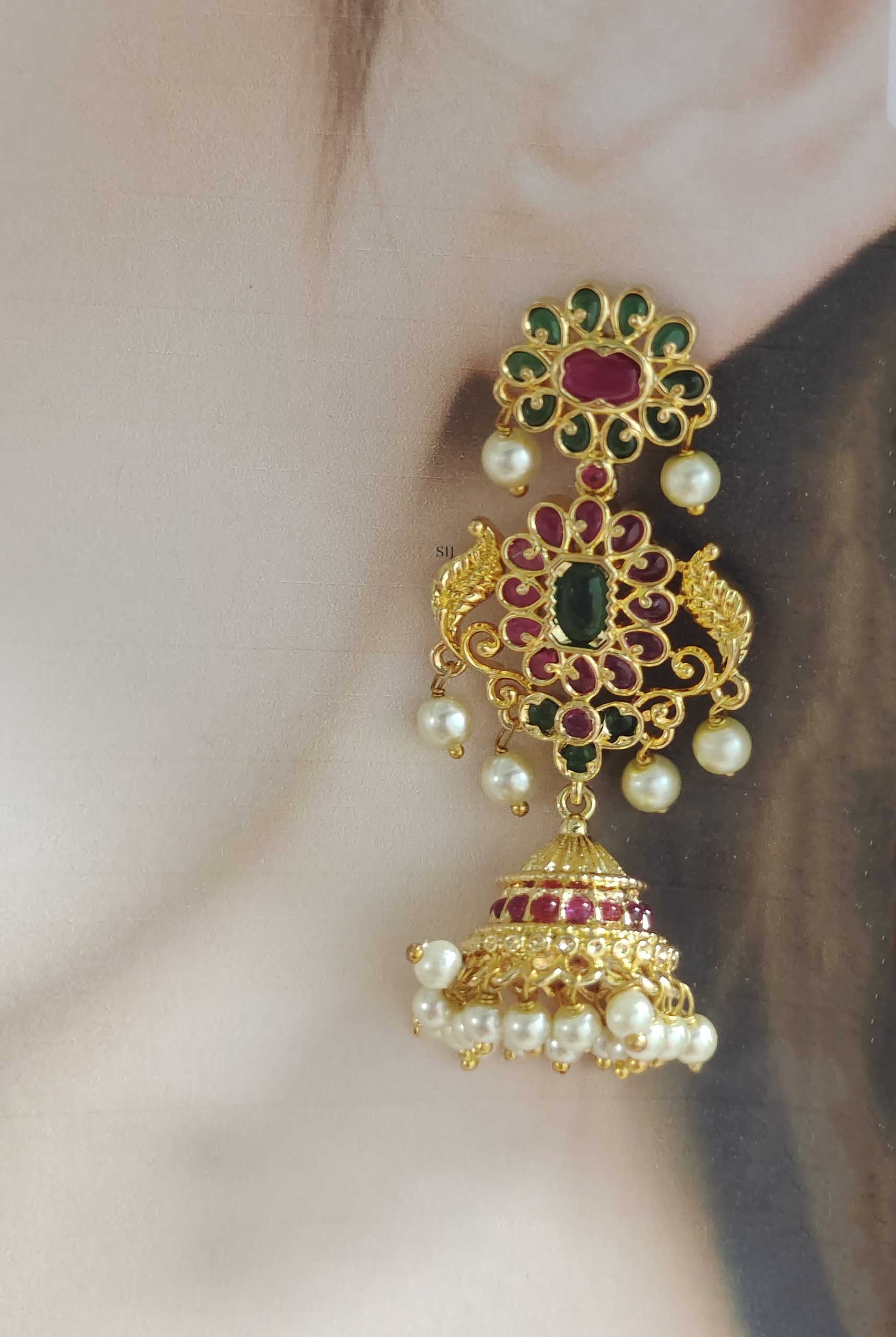 One Gram Gold Multi Color Kemp Stones Jhumkas with Pearls