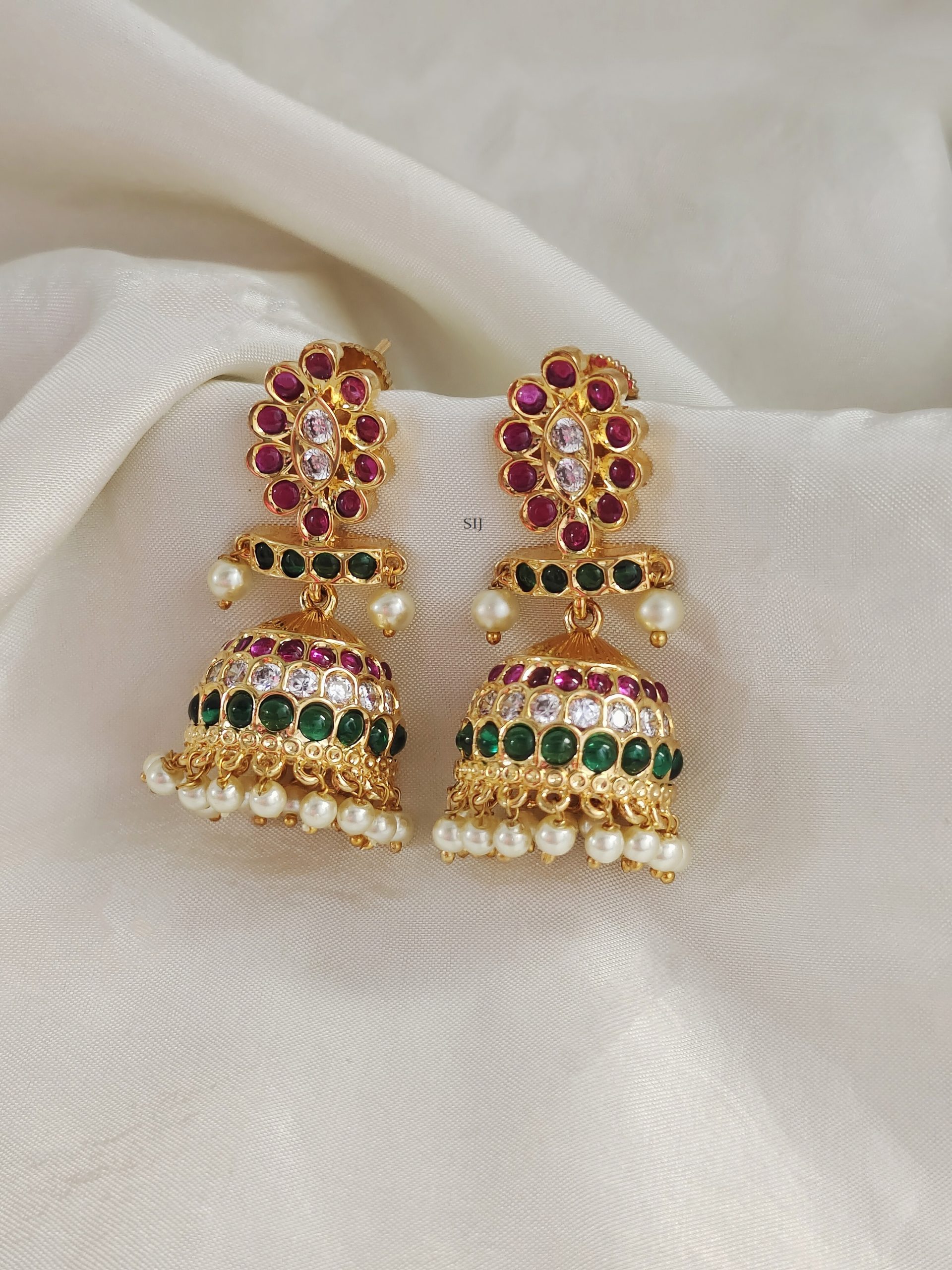 Gold Finish Multi Color Kemp Stones Jhumkas with Pearls