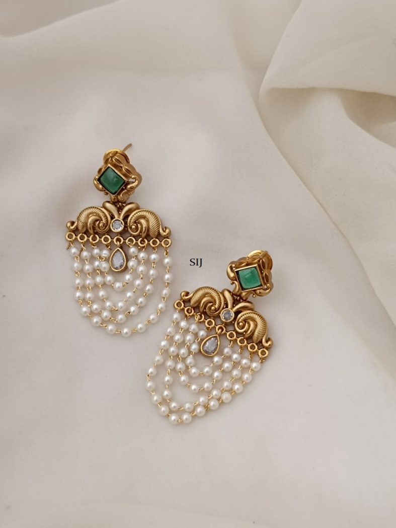 Emerald And White Colour Stone Layered Pearl Earrings