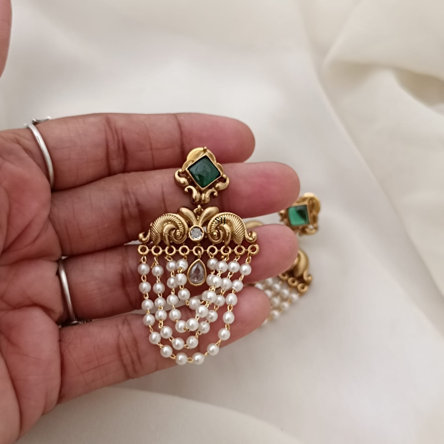 Emerald And White Colour Stone Layered Pearl Earrings