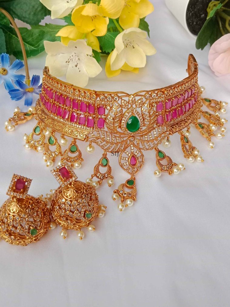 Flower Design Pearl Drop AD Studded Ruby Choker