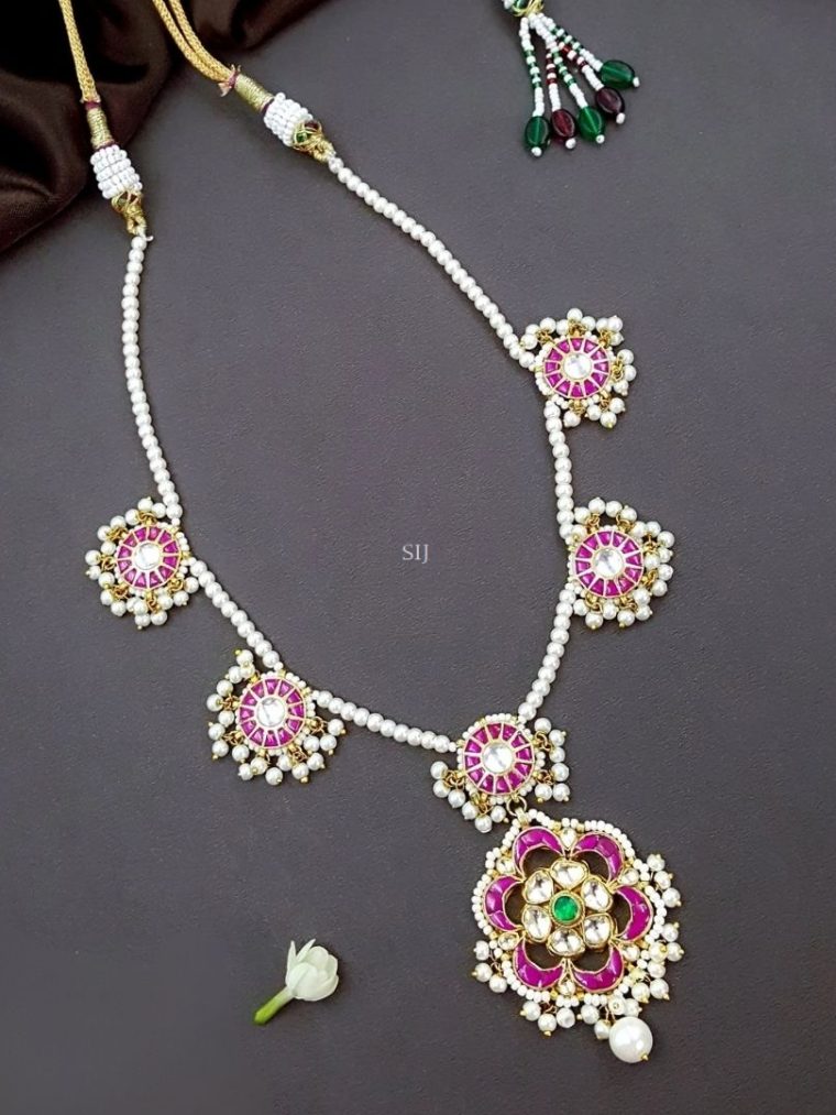 Flower Design Pearl Drop Kundan Necklace