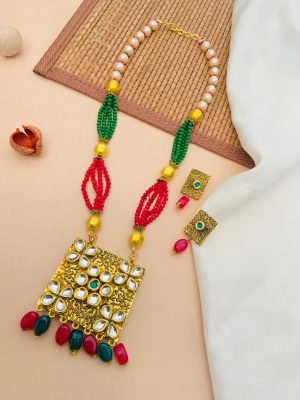 Flower Design Red &Green Beaded Drop Kundan Necklace With Earrings