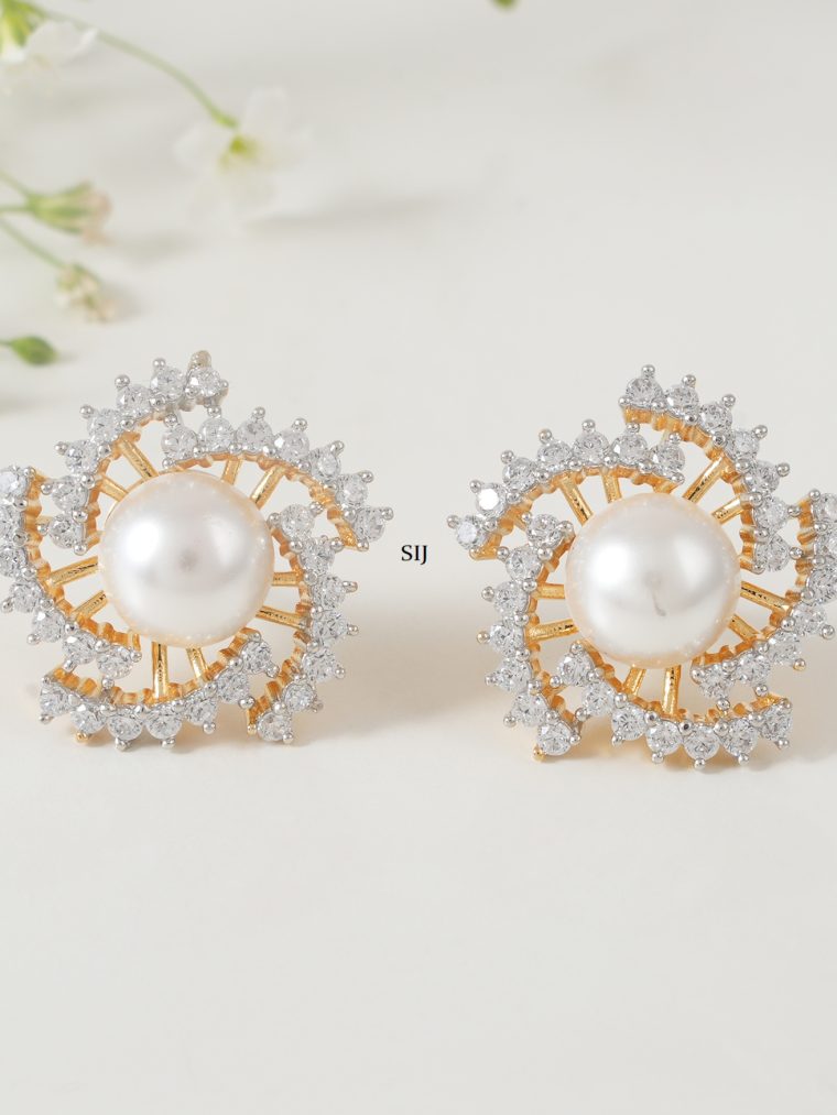 Gold Finish Big Pearl Floral CZ Ear Studs