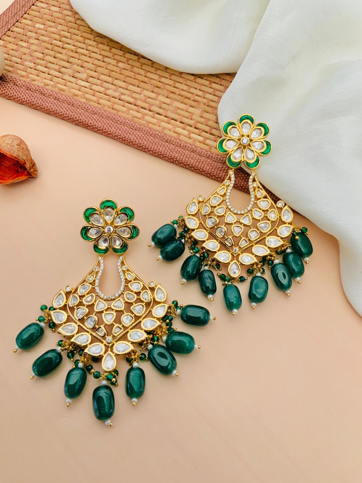 Gold Finish Green Beaded Kundan Earrings