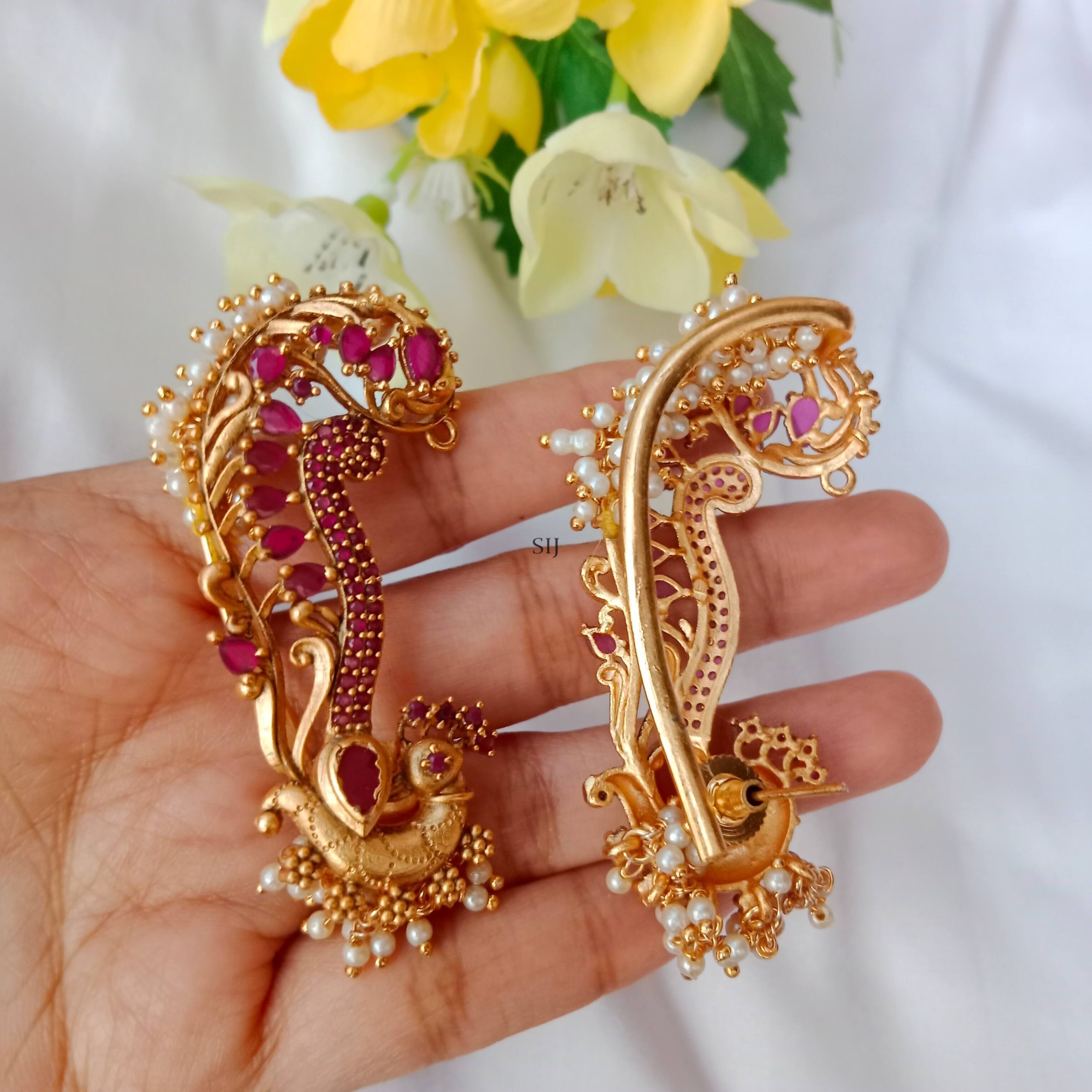 Gold Finish Peacock Design Ear Cuffs