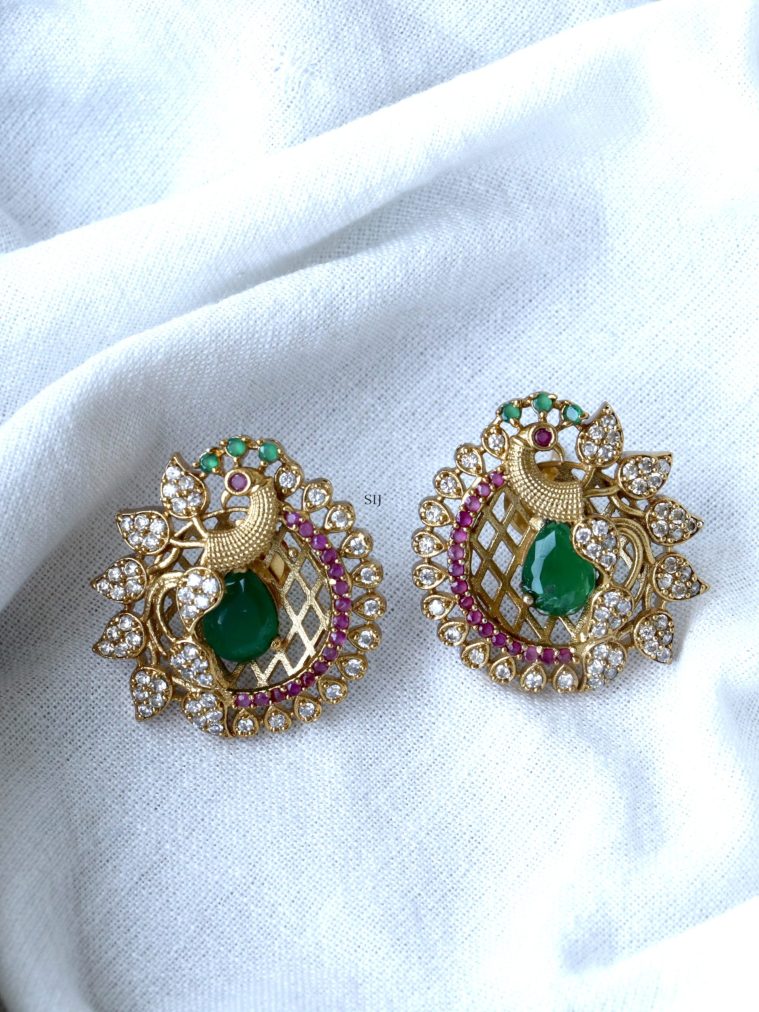 Gold Finish Peacock Design Ear Studs