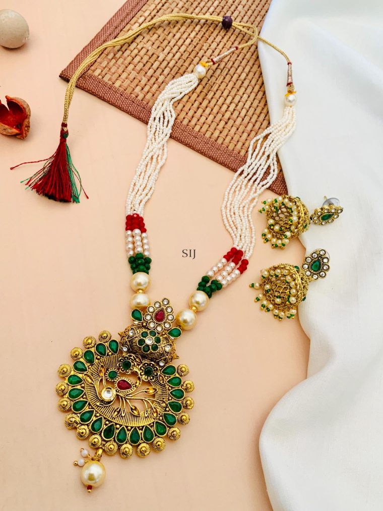 Gold Finish Pearl Beaded Kundan Necklace With Jhumkas