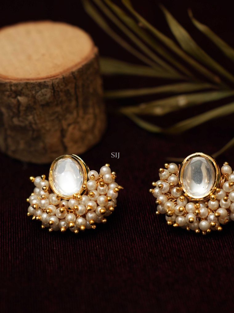 Gold Finish Pearl Drop Kundan Ear Studs